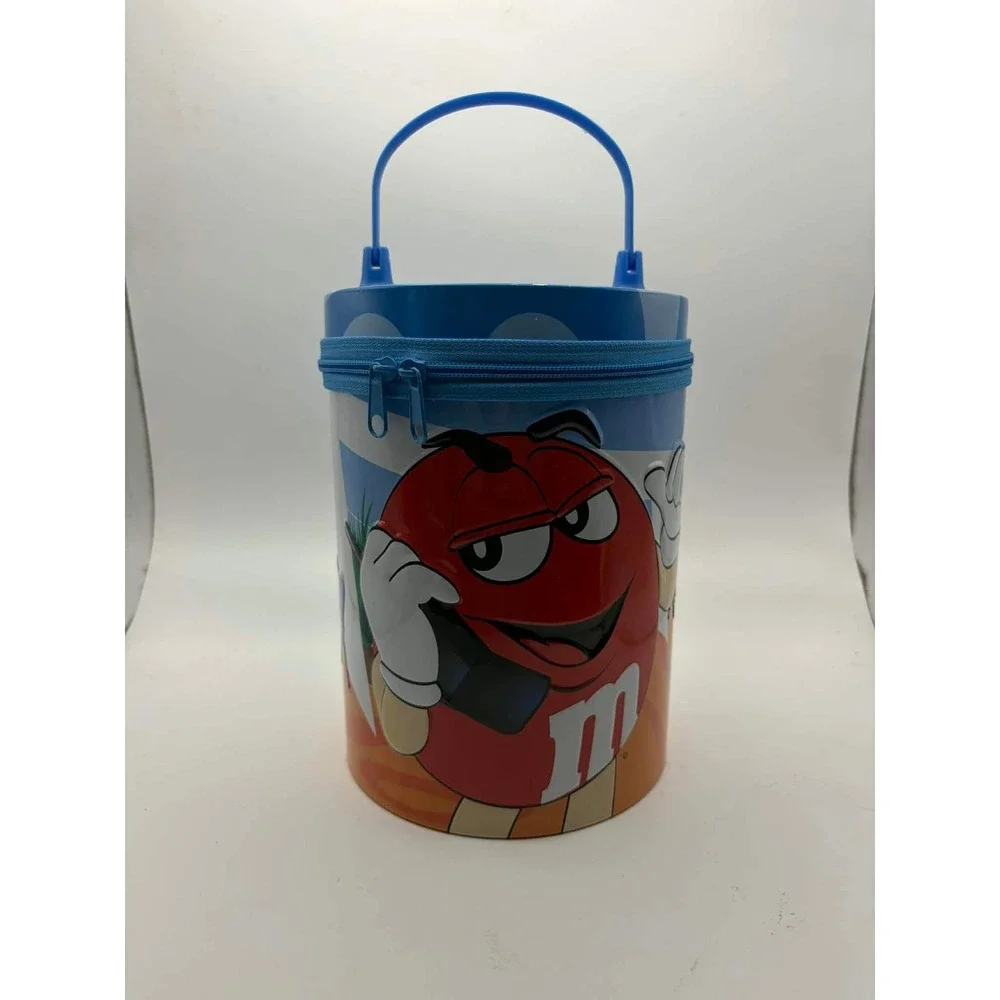 Vintage‎ 2003 M&MS Red Character Embossed Zipper Tin Lunch Box Blue Handle